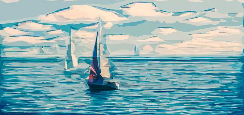 painting of sailing ship mostly in the colour blue with large brush strokes 