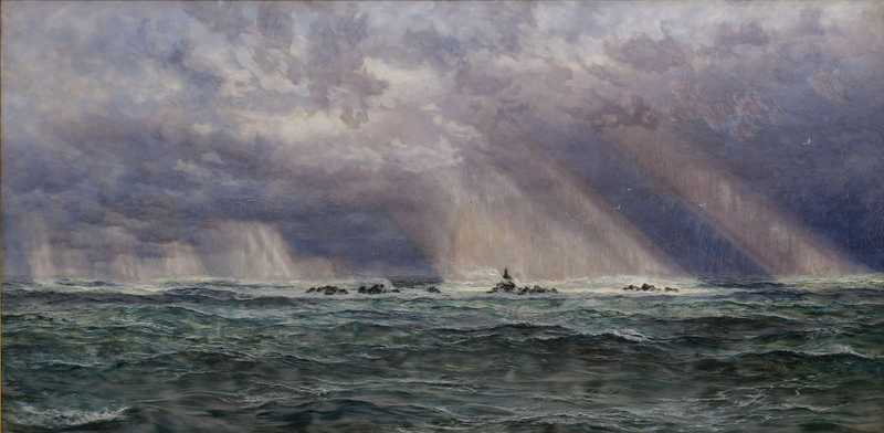 old painting of the ocean and some rocks on a cloudy day with rays of sun shining through 